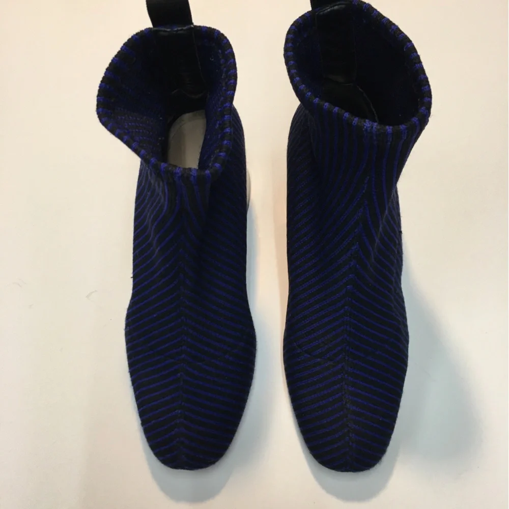 Zara Trafaluc Knit Sock Stripe Booties Block Heel EU 36 Blue Black Office - Picture 2 of 12